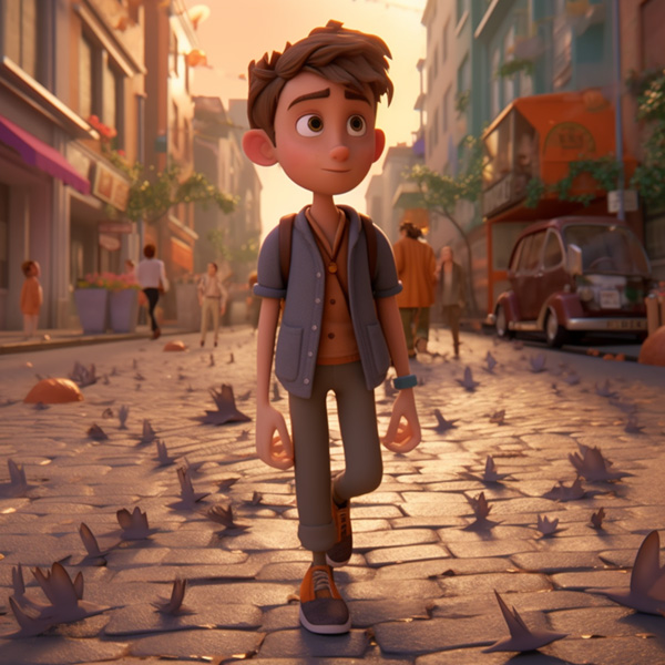 A cartoon boy is walking in a downtown area Midjourney
