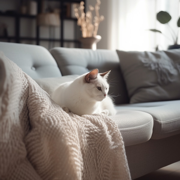 Cozy Scandinavian living room, there is a cat sleeping on the couch, depth of field Midjourney