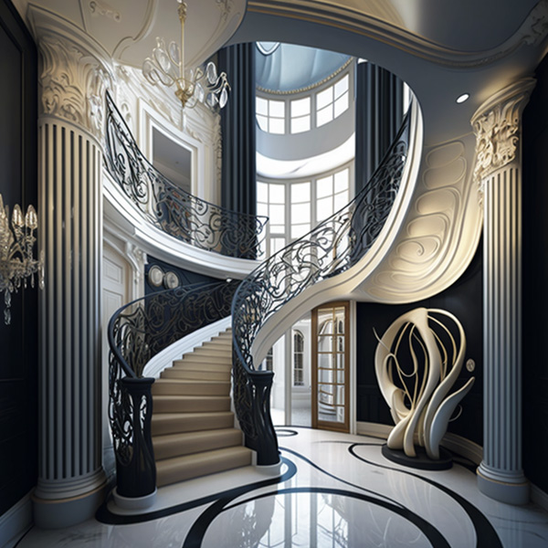 cameroon bamileke 432hz mansion entry foyer curved staircase art deco futuristic baroque architecture glass interior design love Midjourney