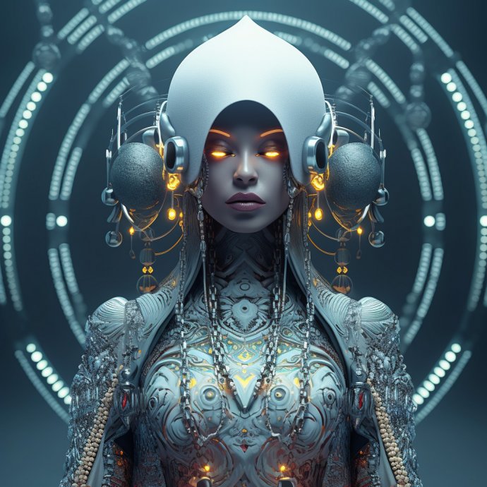 Oniric portrait of a vibrant alien entity in an elaborate helmet - Changing Faces series