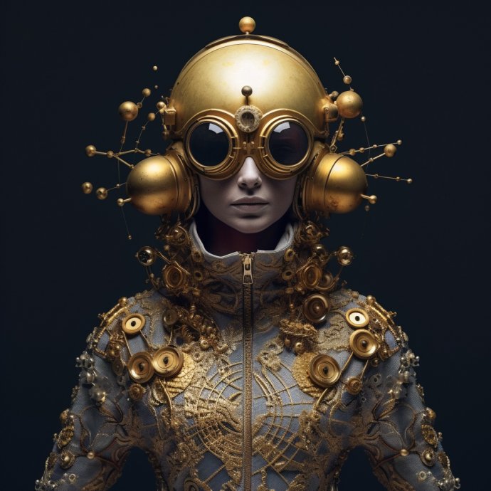 Science fiction inspired portrait of fantastical being in elaborate helmet - Changing Faces