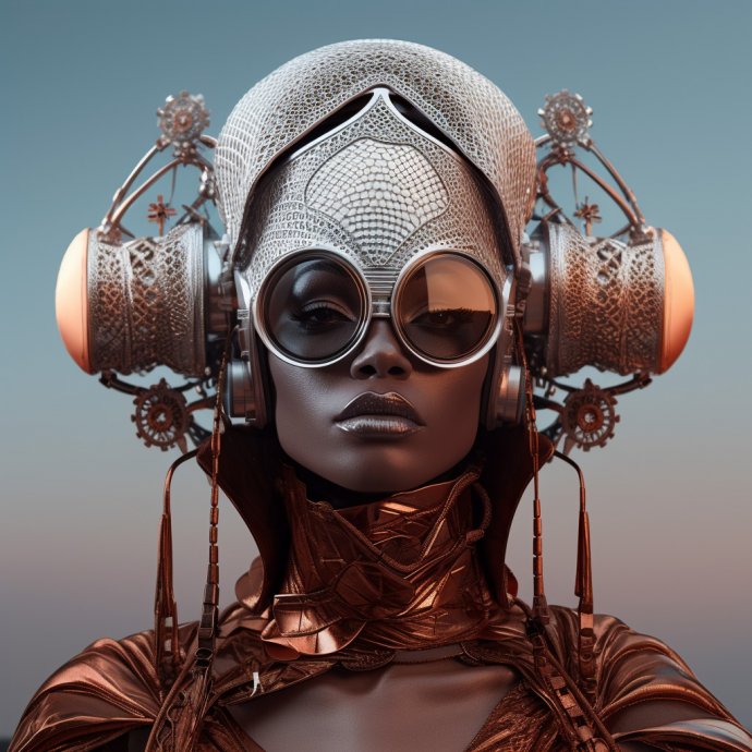 Intricate artwork of a surreal figure in a ceremonial helmet - Changing Faces art