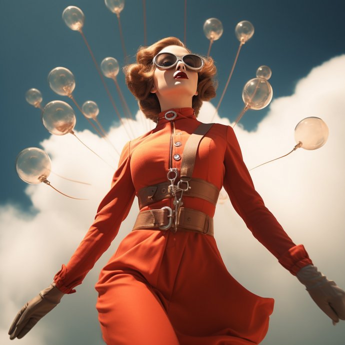 Step into a time warp where 50s allure blends with futuristic charm. A beautiful female adorned in haute couture embarks on a skydiving journey. This fashion shoot marries elegance and adrenaline, all rendered in stunning realism that's beyond ordinary.