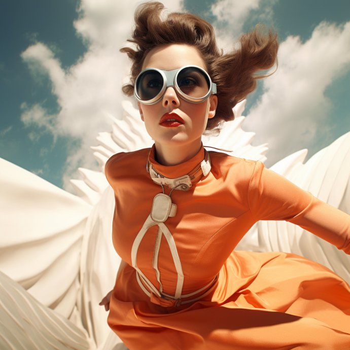 Experience the allure of 50s retro-futurism as a beautiful female defies gravity in a skydiving masterpiece. High-fashion haute couture takes center stage against a realistic backdrop, capturing a surreal moment where style and adventure intertwine.
