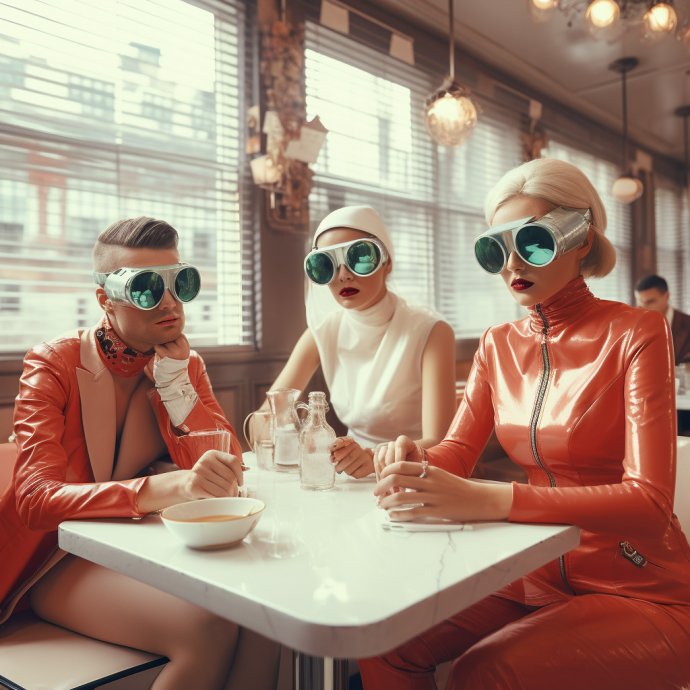 Step into a time warp where the 70s New York coffee shop scene meets the retro-futuristic charm of the 50s. This image encapsulates the warmth of friendship against a backdrop of high-detail and nostalgia, inviting you to a surreal moment of togetherness.