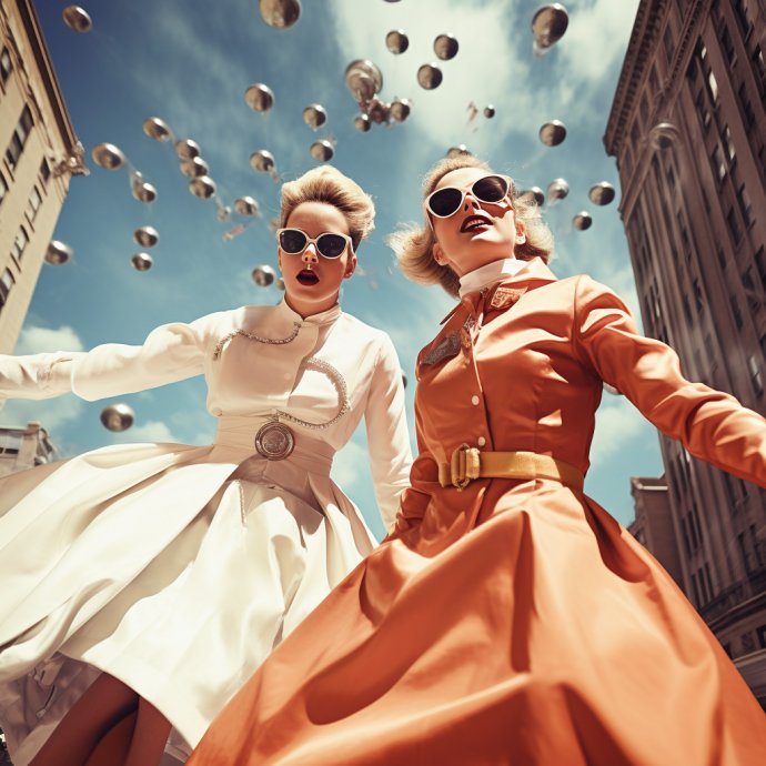 Step into a time warp where 50s retro-futurism meets the streets of 70s New York, adorned with haute couture. This image encapsulates the fusion of fashion and nostalgia in a surreal, photographic-style masterpiece, portraying elegance and realism in harmony.