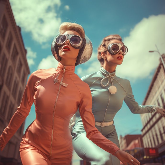 Experience a mesmerizing blend of 50s retro-futurism and haute couture as 2 women skydive through the streets of 70s New York. This surreal image captures the allure of fashion against a backdrop of high-detail realism, offering a unique perspective on timeless elegance.