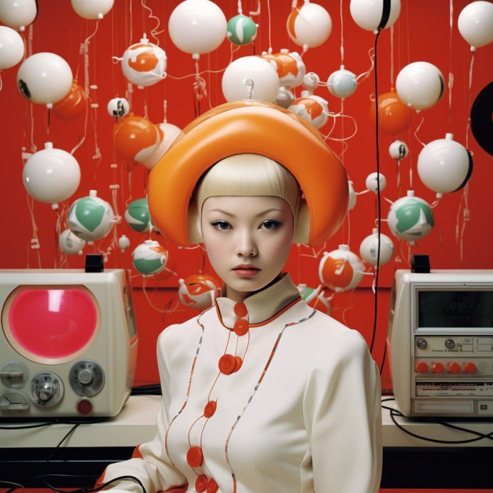 Embark on a surreal journey into the mesmerizing world of Cult Party Kei, where Japanese aesthetics meet retro-futurism. Bright hues and intricate details blend seamlessly in this photographic-style masterpiece, inviting you to explore a vibrant universe where tradition and innovation collide.
