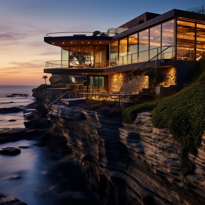 Serene Cliffside Abode: Escape to an oceanside organic cliffside home, where nature's beauty embraces modern architecture. Immerse yourself in this idyllic setting, perched atop a cliff, offering breathtaking views of the ocean. Experience the perfect harmony between design and nature in this captivating artwork.