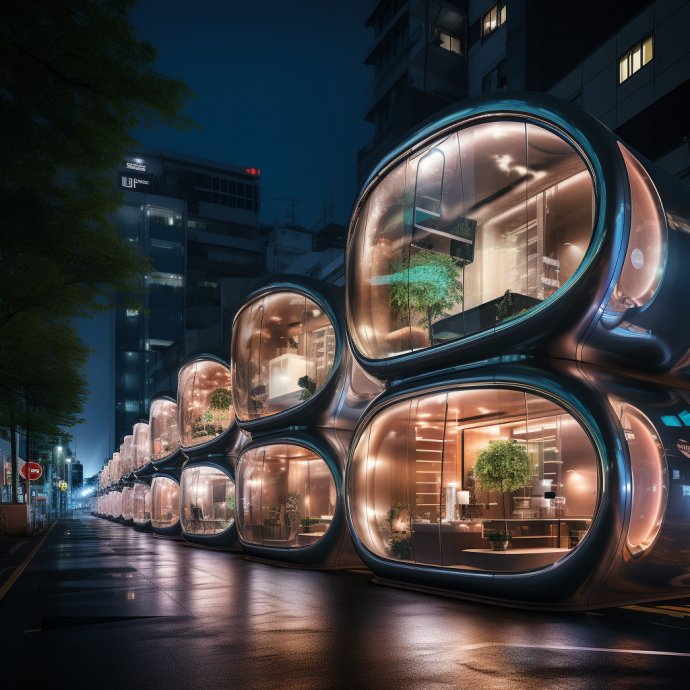 A Glimpse of Tomorrow's Living: Step into a digital marvel that envisions tomorrow's urban living in Tokyo. Our captivating image showcases a grand building adorned with curved glass pods, each housing self-contained living quarters brilliantly lit from within. Be inspired by this imaginative creation that offers a glimpse into the future of sustainable, innovative, and stylish city living.