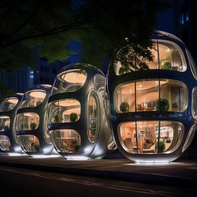 Futuristic Living in Tokyo: Discover an ultra-realistic photo of a large building in Tokyo, boasting curved glass pods as self-contained living accommodations. Each pod is brilliantly lit from within, creating a mesmerizing architectural masterpiece that redefines urban living. Immerse yourself in this vision of the future, where innovation meets elegance in the heart of Japan's bustling capital.