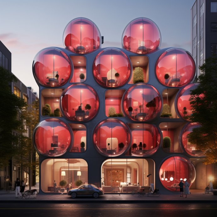 Futuristic Living: Step into the future with street rendering of iconic "MSCHF Big Reboots" capsule apartments. Embrace big red boot exteriors, glass bubble windows, and cozy warm Japanese interiors. Witness the fusion of Astroboy-inspired aesthetics in this visionary artwork, as seen on Dezeen and ArchDaily.