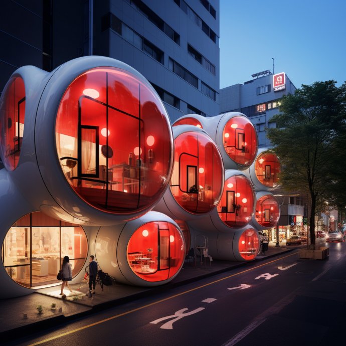 Urban Fusion: Experience award-winning street rendering of "MSCHF Big Reboots" inspired capsule apartments – big red boots with glass bubble windows, warm Japanese interior glow, and Astroboy-inspired aesthetics. Explore pod living's future with this high-resolution rendering, featured on Dezeen and ArchDaily.