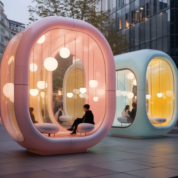 Futuristic Translucent Pods: Immerse yourself in a cityscape graced by modular pastel translucent pods. These ethereal structures elegantly coexist with the bustling city, where people can be seen both inside and outside, fostering a dynamic interplay of modern living and urban energy.