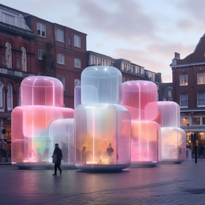 Translucent City Pods: Explore a city adorned with modular pastel translucent pods, seamlessly blending with the urban landscape. Witness people both inside and outside these enchanting structures, creating a captivating vision of harmonious living and vibrant city life.